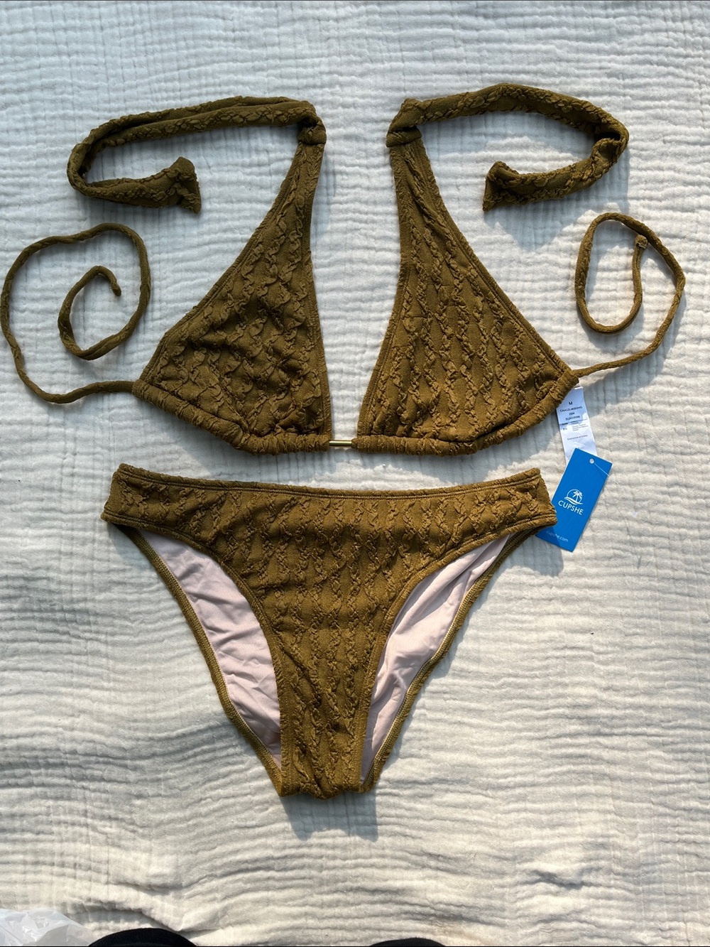 Cupshe Olive Textured Triangle Bikini with brass detail